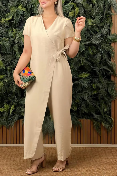 Solid color casual V-neck strap jumpsuit m303023