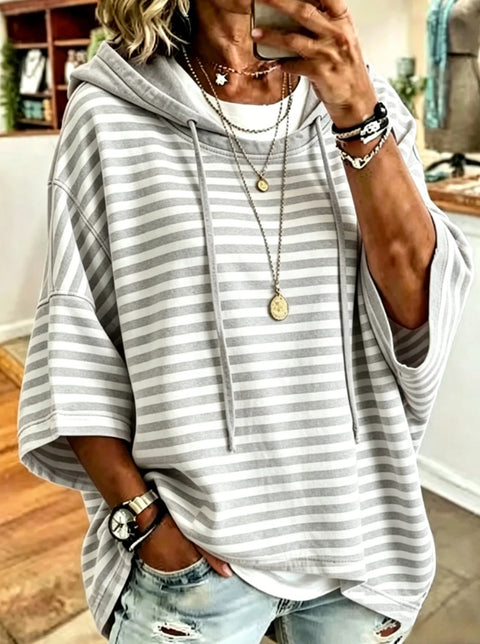 Women's new loose casual striped hooded seven-quarter-sleeved sweater pullover hoodie m302998