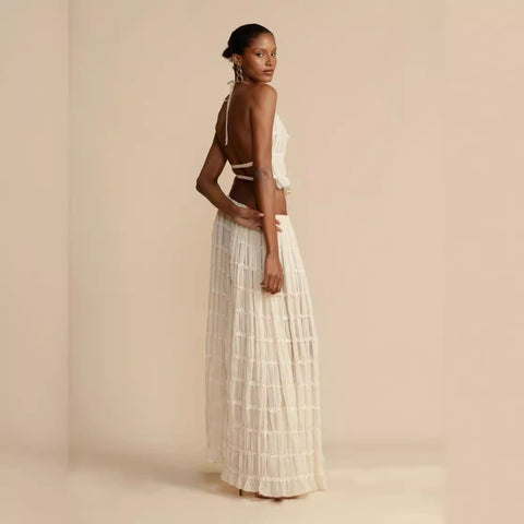 backless neck sling drawstring chiffon pleated long skirt two-piece set m301879