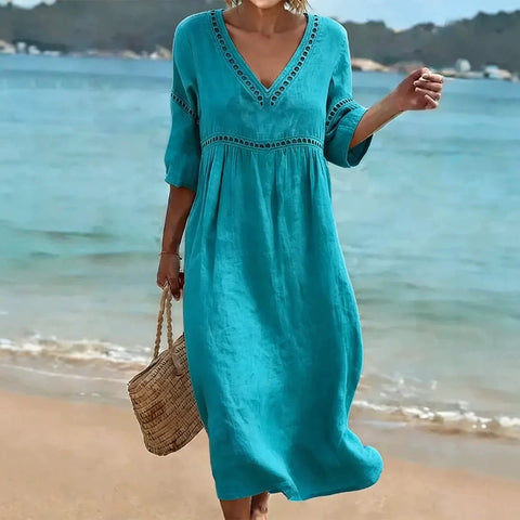 New elegant casual V-neck solid color medium-sleeved women's dress m303026