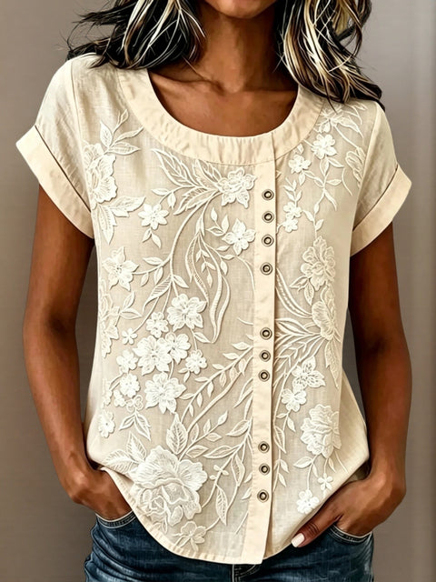 Ethnic style flower embroidered top large size loose cotton and linen texture short-sleeved temperament casual shirt m302765