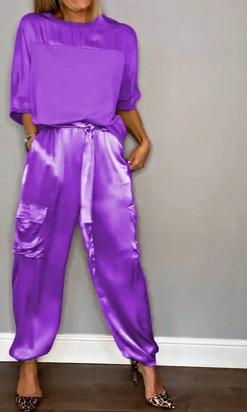 Women's smooth satin half-sleeved top and pants set two-piece set m301649