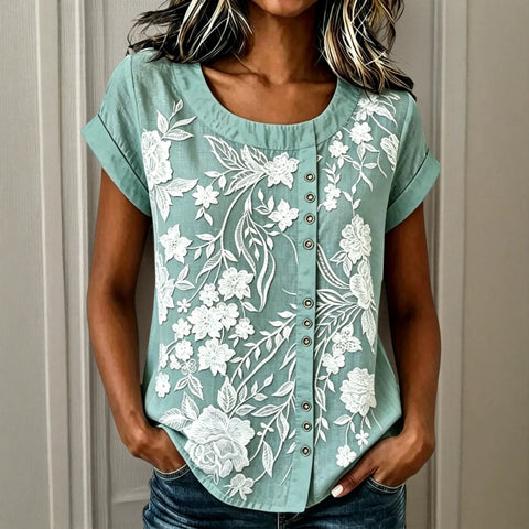 Ethnic style flower embroidered top large size loose cotton and linen texture short-sleeved temperament casual shirt m302765