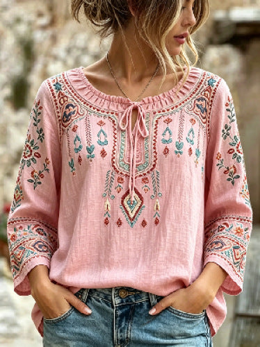 Crew neck long sleeve imitation hemp women's loose top m303045