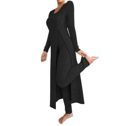New design round neck split fork long sleeve two-piece set spring m302328