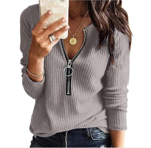 Knitted V-neck Long-Sleeve Zipper Top plus Size T-shirt Female M300174