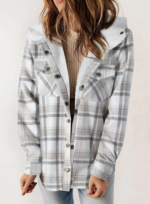 Women's plaid jacket long-sleeved hairy hooded jacket jacket with pockets m302153