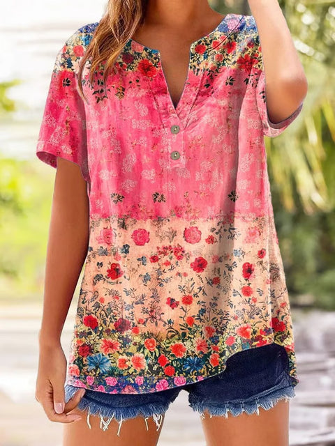 Printed V-neck pullover short-sleeved T-shirt m303021