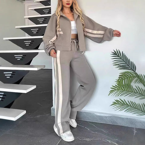 Striped zipper top jacket casual sports suit women's m302320