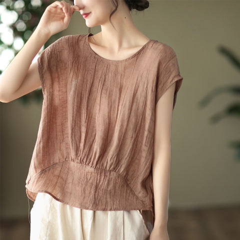 Vintage twisted pleated pendulum tencel ramie top femininity short-sleeved literary jumper m302056