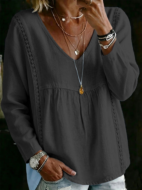 Lace V-neck pullover solid color women's casual long-sleeved top shirt m302992