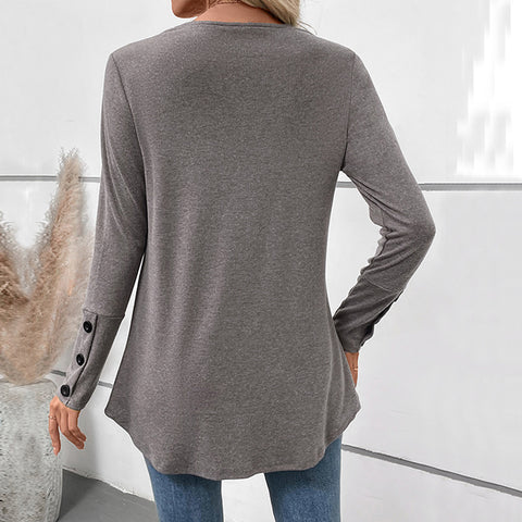 Autumn casual top medium and long v-neck solid color long-sleeved t-shirt women's m300796