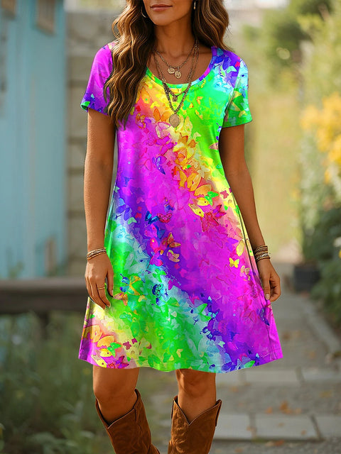 Versatile polka dot flower short-sleeved round neck medium and long skirt m302614