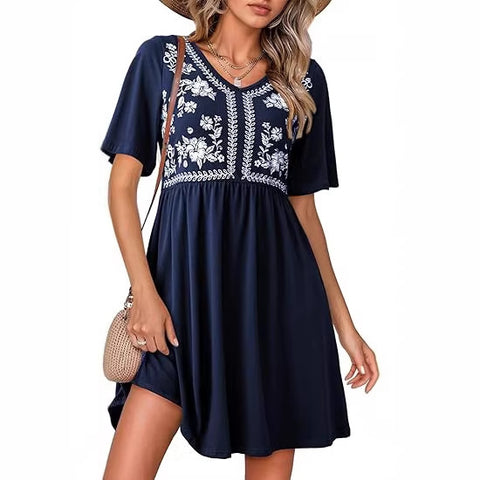 Casual loose V-neck print waist short-sleeved women's dress m302347