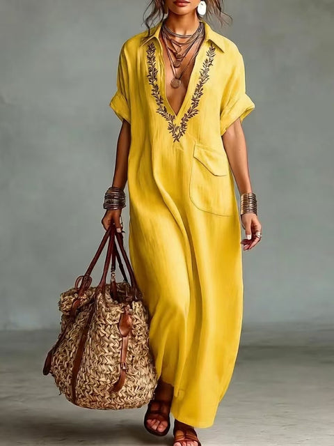 Loose ladies embroidery pocket casual lapel cotton and linen jumpsuit m302716