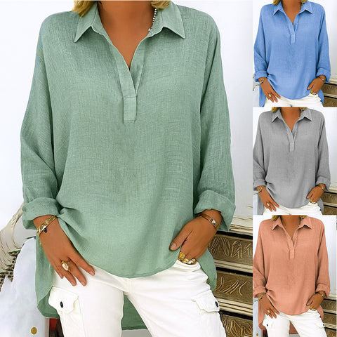 Solid color casual loose long-sleeved Tencel bamboo V-neck shirt m302096