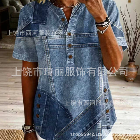 Women's Floral Print V-Neck Casual Women's Short Sleeve Top FF303332