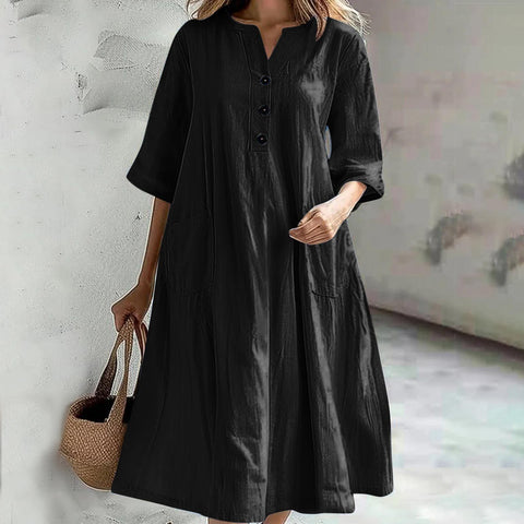 Dress Ladies medium and long V-neck half-sleeve cotton and linen loose version three-button pocket dress m302672