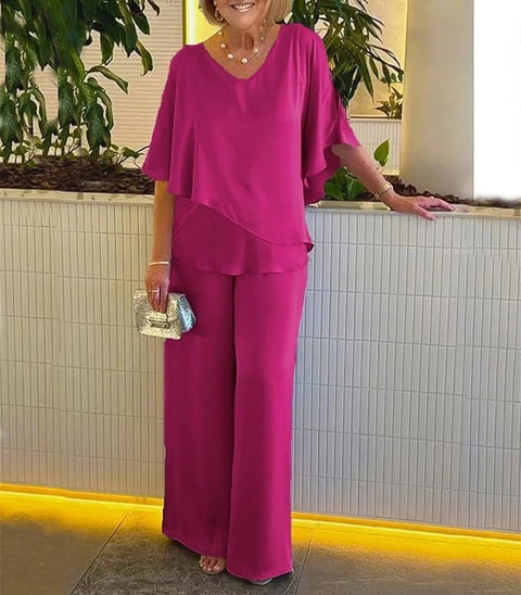 Set Solid color V-neck irregular hem casual set m301319