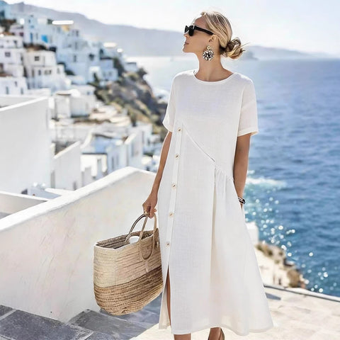 Casual button-down pocket mid-length dress m302438