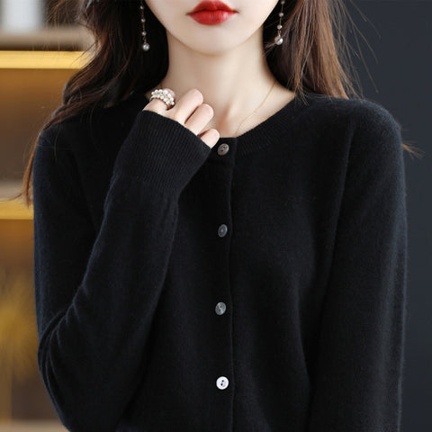 Knitted cardigan early spring crew neck sweater women's long-sleeved solid color versatile jacket women's m301748