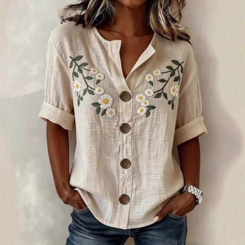 V-Neck Shirt Medium Sleeve Flower Print Button Casual Ladies Shirt m302697