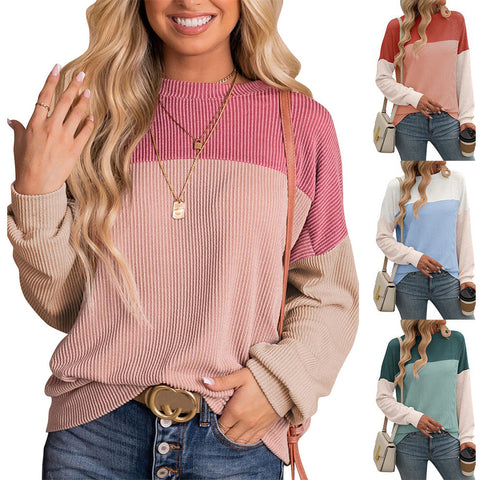 New round neck twist strip color matching long sleeve loose T-shirt women's m300963
