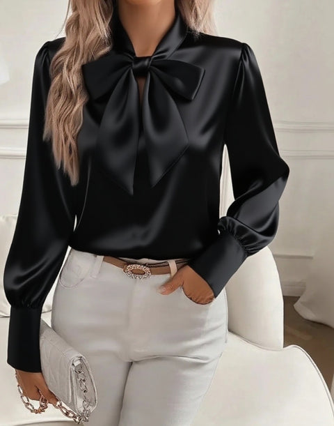 Autumn Long Sleeve Bow Satin Women's Shirt Shirt Top m302359