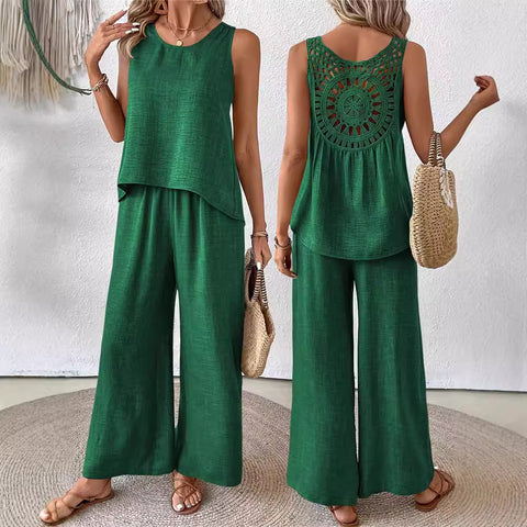 Spring and summer solid color hollow lace two-piece fashion casual vest wide-leg pants trousers m301367