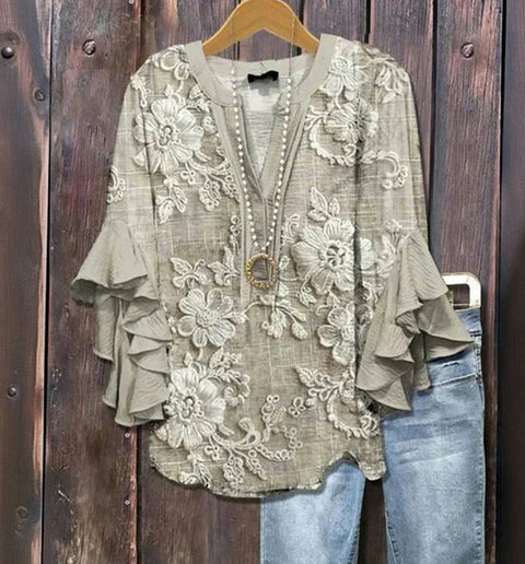 Creative floral element printing digital printing casual trend V-neck lotus edge T-shirt women's top m301778