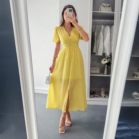 Holiday style deep V short sleeve long dress dress m301395