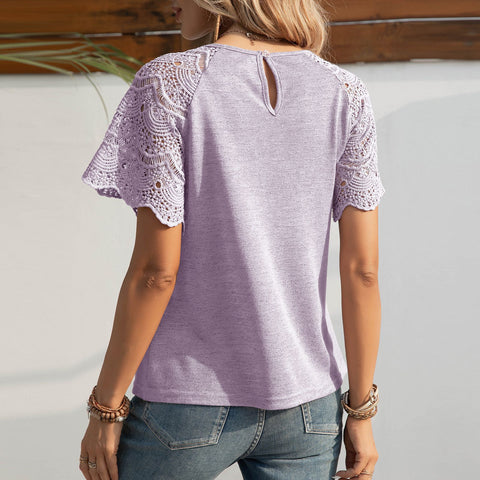 New European and American fashion crew neck lace splicing shoulder-plugged short-sleeved T-shirt top m302094