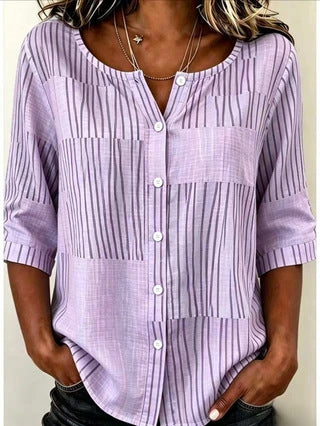 Cotton and linen shirt round neck seven-quarter sleeve single-breasted casual top m303032