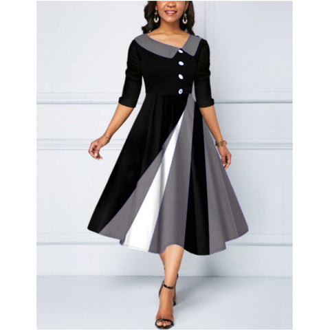 Button embellished 3D printed pendulum five-quarter sleeve long dress m300864