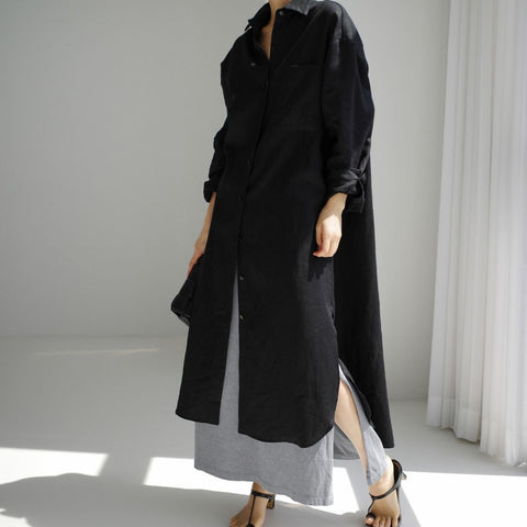 knee-length split-ended outer cotton and linen shirt solid color dress m300698