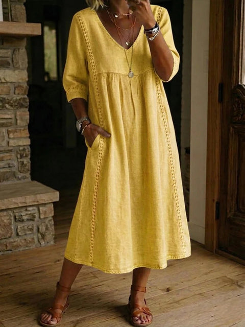 Loose v-neck splicing lace edge solid color medium sleeve dress m302991