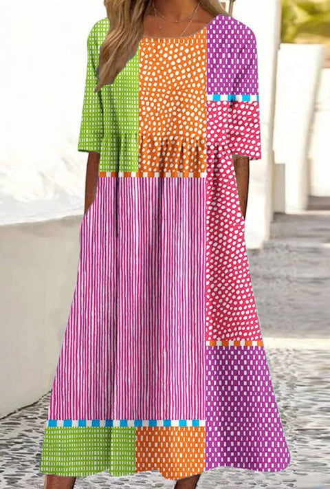 Up and down splicing pocket size printing large wide dress m302623