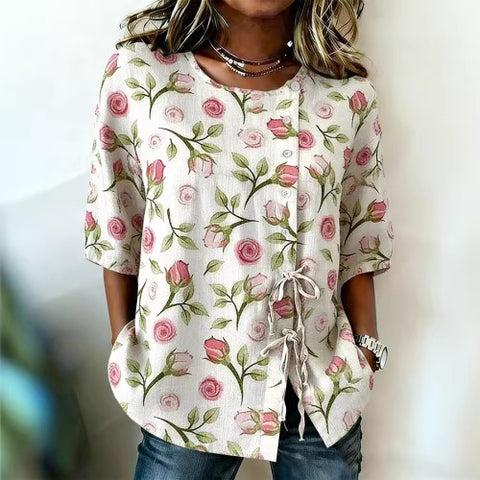 Temperament women's long-sleeved shirt printed top lace-up shirt m302925