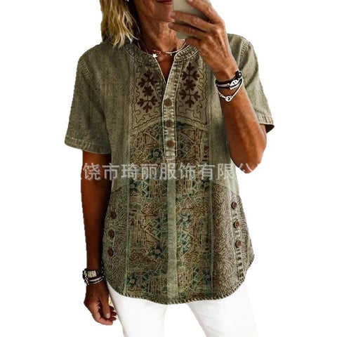 Women's Floral Print V-Neck Casual Women's Short Sleeve Top FF303332