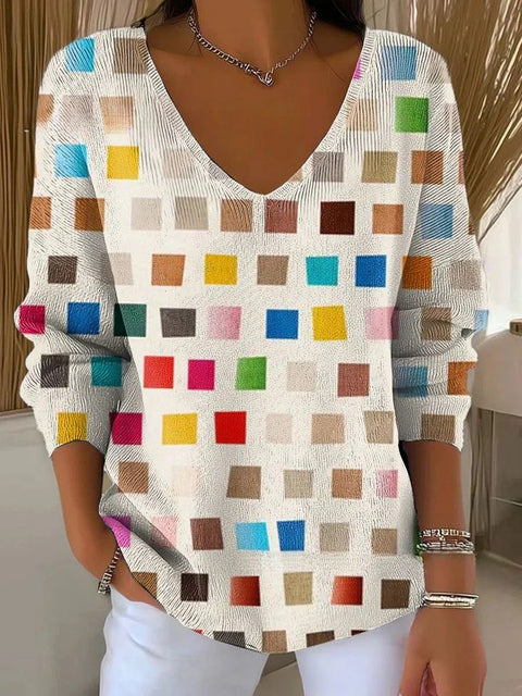 Shoulder V-Neck Long Sleeve Pullover 3D Digital Printing Women's Top T-Shirt m302616