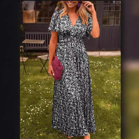 Temperament printed waist V-neck dress m301307