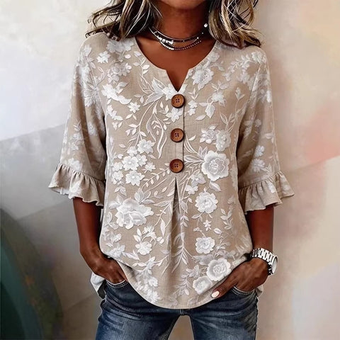 Small V-neck shirt flared sleeve printed button-down shirt m302753