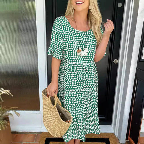 Summer Crew Neck Print Short Sleeve Dress m301311