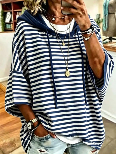 Women's new loose casual striped hooded seven-quarter-sleeved sweater pullover hoodie m302998