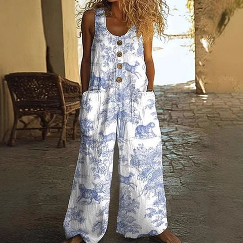 Casual sleeveless loose pocket overalls women's long jumpsuit m301435
