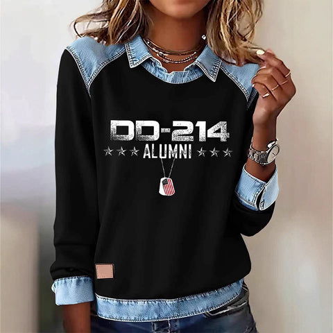 Lapel top imitation denim sweater long-sleeved women's top m302160