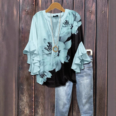 Digital printing casual trend V-neck lotus edge T-shirt women's m302725-2