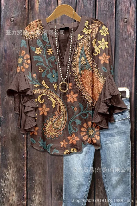 Creative floral element printing digital printing casual trend V-neck lotus edge T-shirt m301352