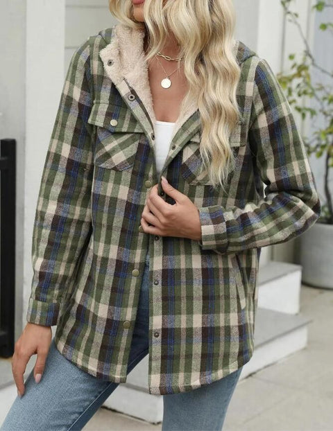 Women's plaid jacket long-sleeved hairy hooded jacket jacket with pockets m302153