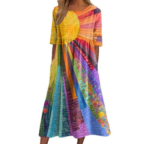 Summer new mid-waist women's casual round neck printed pendulum women's dress m301303